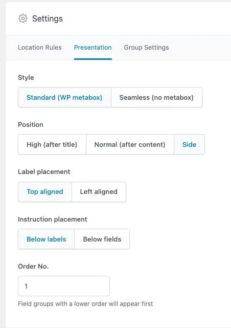ACF custom fields location settings for content audit