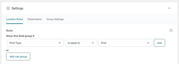 ACF custom fields location settings for content audit