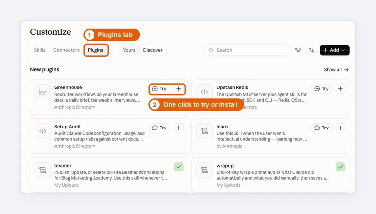 Claude plugin directory with options to try or install each plugin