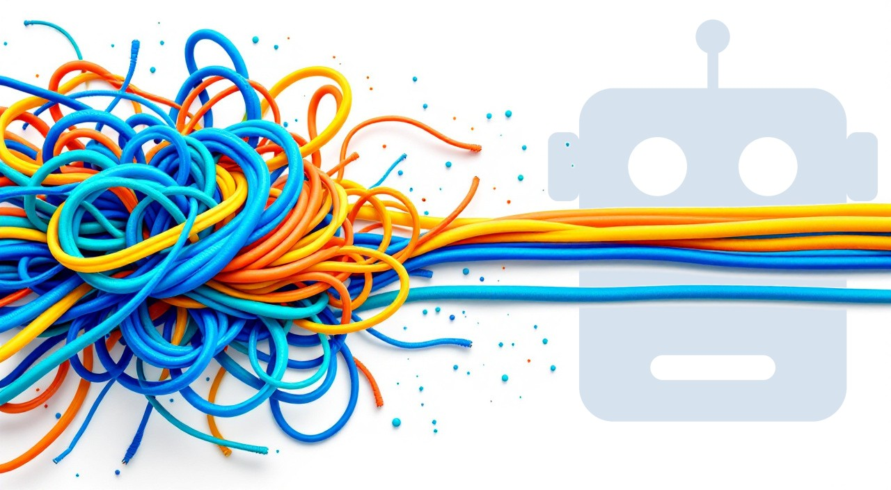 A tangled knot of colorful cords straightening into neat parallel lines, with a faded AI robot icon in the background