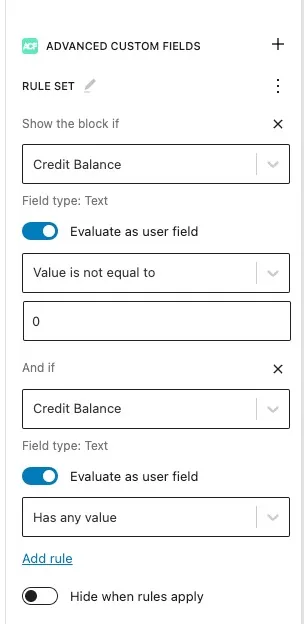 Block Visibility settings to show a block if they have a positive credit balance