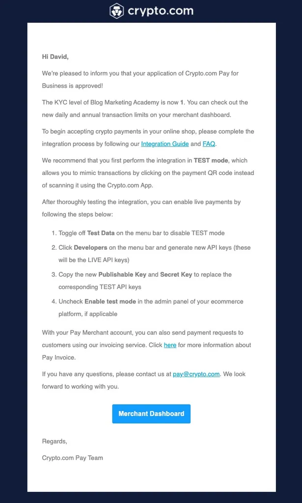 Accept Crypto Payments - Crypto.com Merchant Email