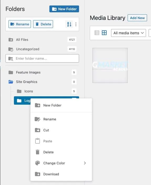 Filebird contextual menu on right-click