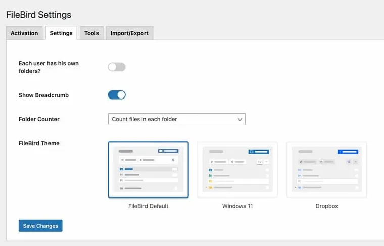 Filebird settings