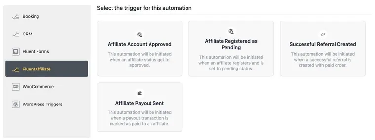 FluentAffiliate triggers within FluentCRM automations