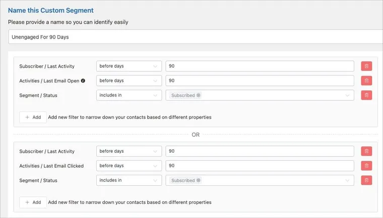 My dynamic segment for unengaged subscribers in FluentCRM