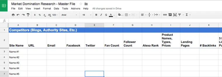 One of the many sheets in the research master file spreadsheet. The idea is that you're going to be constantly adding new entries to this master file over time.
