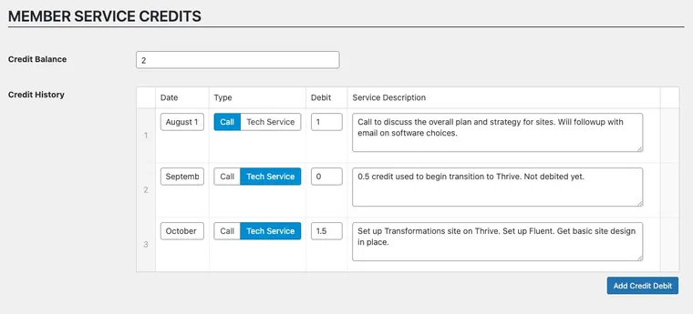 Service credit system - Wordpress user profile screen