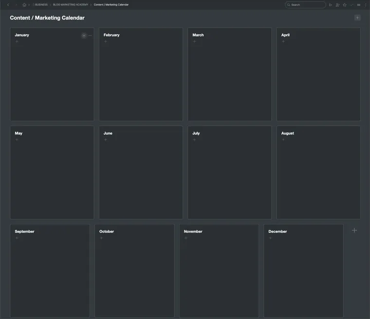 Blank monthly planning tool in Workflowy, using the "Dashboard" layout.
