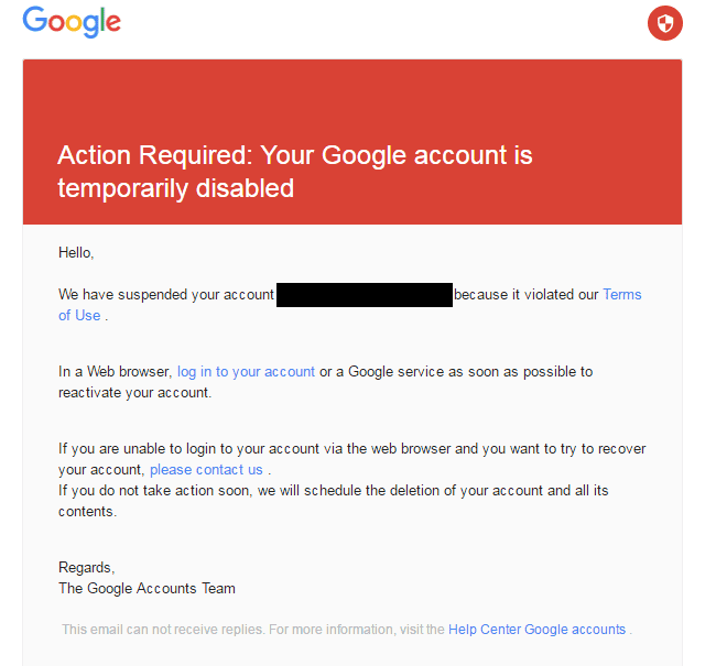 Google Account Terminiation Email