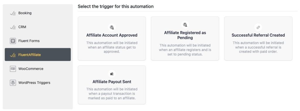 FluentAffiliate triggers within FluentCRM automations