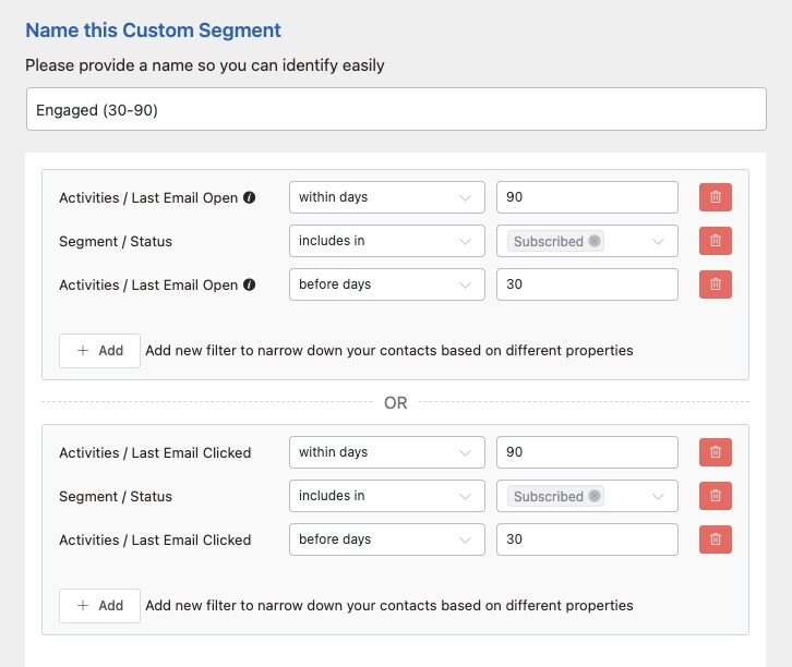 Screenshot of one of my dynamic segments in FluentCRM
