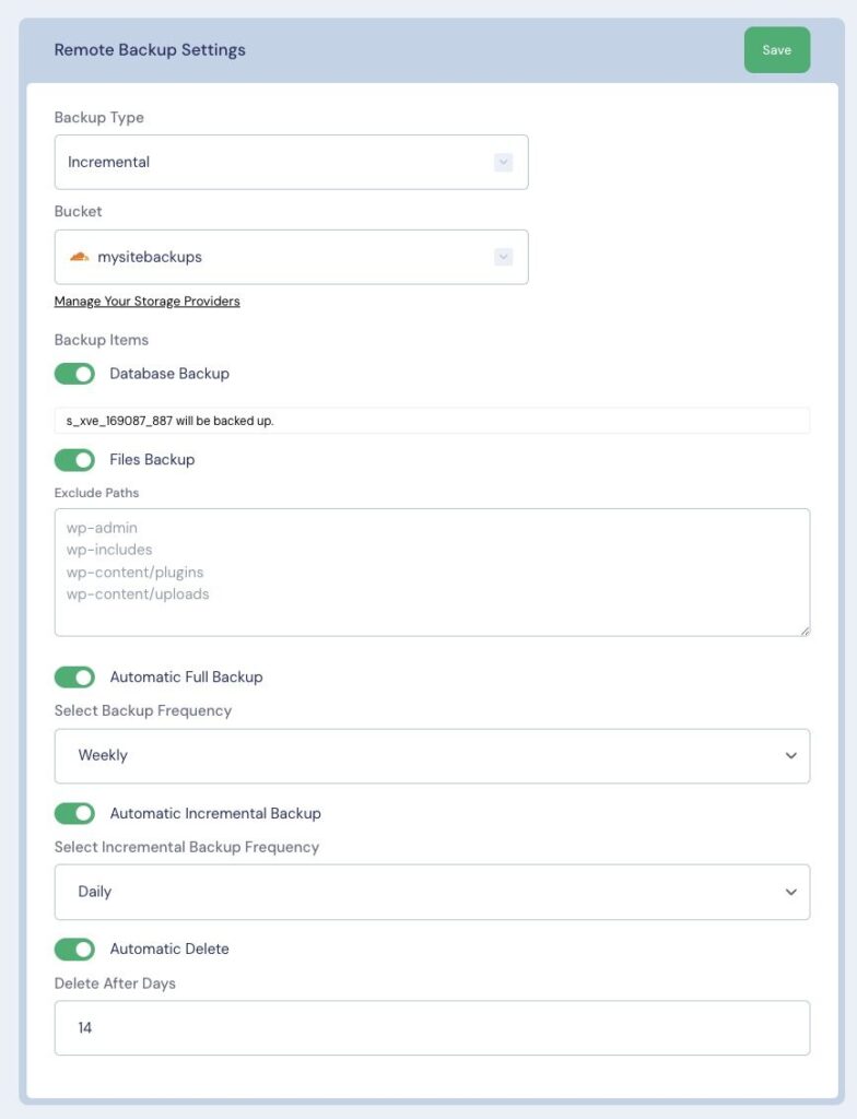 My remote backup settings within the xCloud Hosting panel