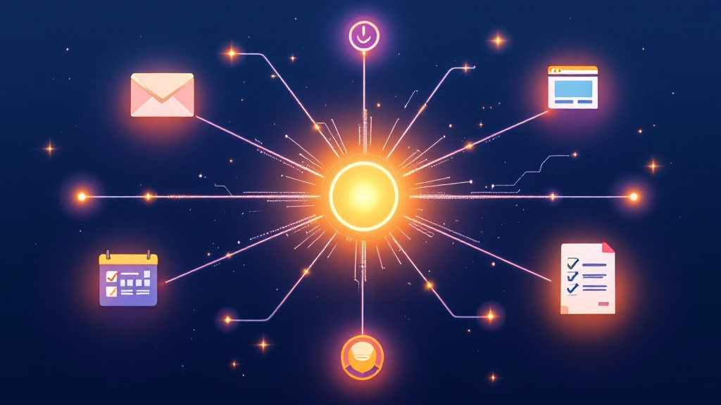 A glowing central AI hub connected to icons for email, calendar, a website and a task list