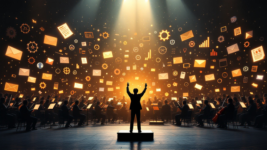 A conductor silhouetted on a podium leading an orchestra of glowing business icons like envelopes, gears and charts