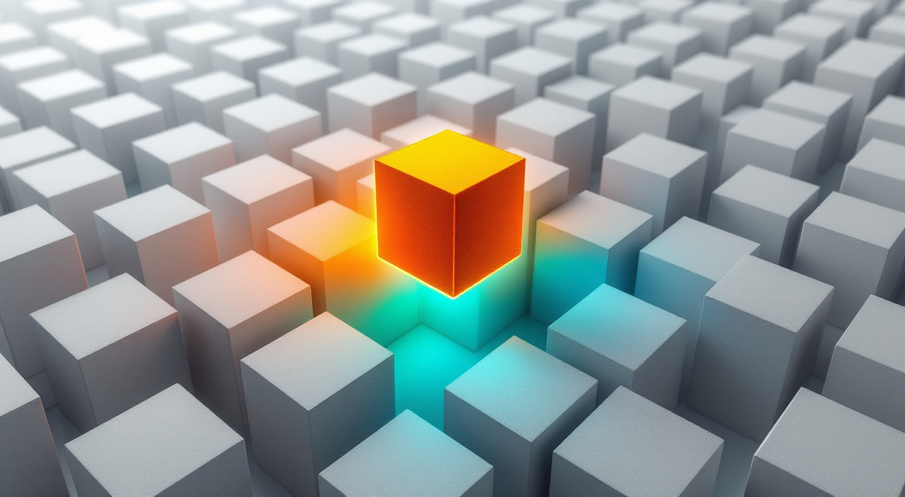 A single glowing orange block rising out of a field of plain gray blocks